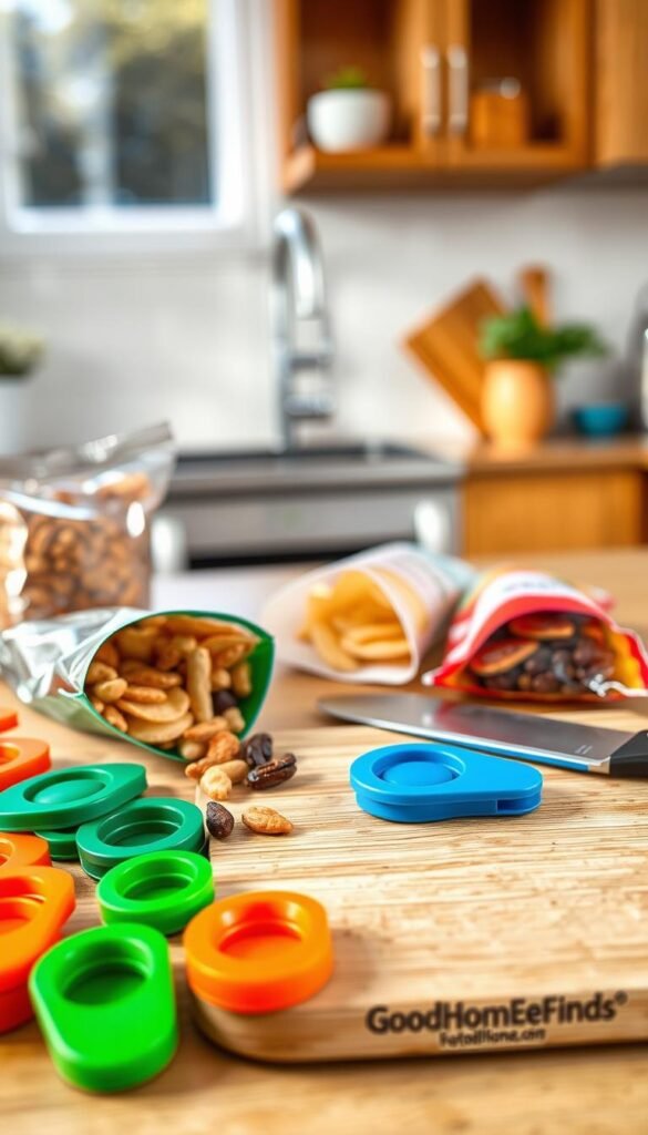 A beautifully arranged flat lay featuring a variety of colorful bag clips and seals designed for keeping snacks fresh. In the foreground, focus on an assortment of bag clips in vibrant colors like orange, green, and blue, displayed beside freshly opened snack bags containing nuts, chips, and dried fruit. The middle ground showcases a stylish cutting board with a few open snack packages, and a neatly placed GoodHomeFinds branded bag clip securing one of the bags. In the background, soft natural lighting filters in through a window, creating a warm and inviting atmosphere. The image captures a cozy kitchen setting, emphasizing practicality and modern design, making it ideal for a lifestyle article on everyday kitchen finds.
