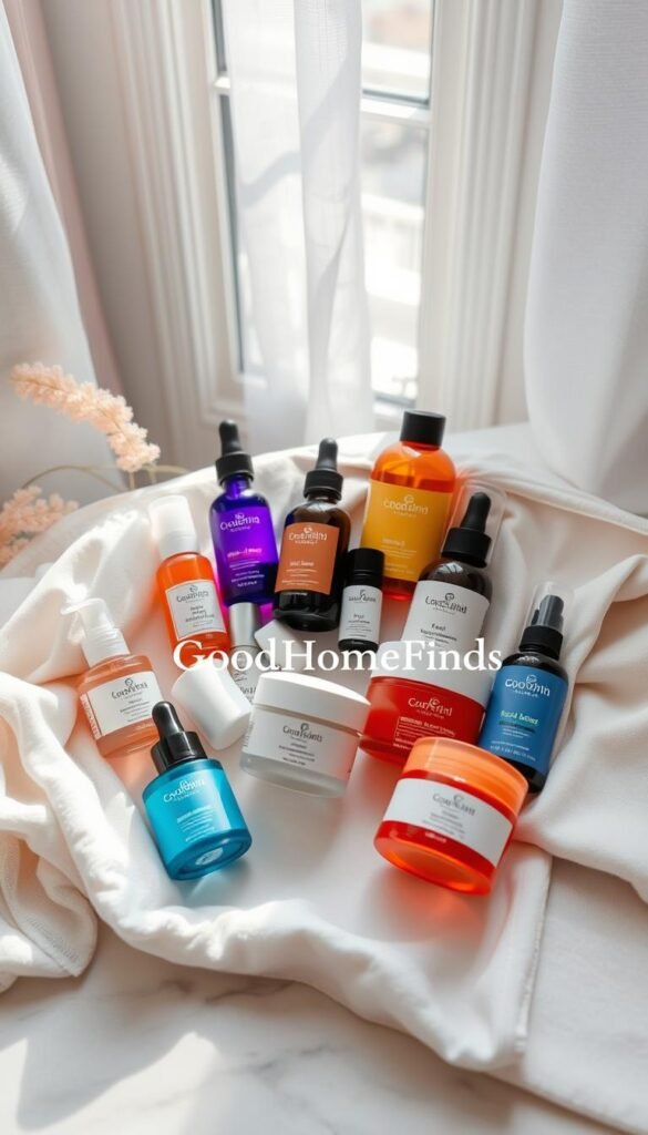 A beautifully arranged flat lay featuring skincare and face "fix-it" items that exude a sense of freshness and vitality. In the foreground, include an assortment of colorful, aesthetically pleasing skincare products &mdash; moisturizing creams, serums, and face masks &mdash; artfully displayed next to soft, textured fabrics like a cotton towel. The middle layer should feature a clean white marble surface, which enhances the vibrancy of the products. In the background, a gentle, natural light beams through a window, creating a soft glow that evokes a serene morning atmosphere. The overall mood is inviting and fresh, reminiscent of self-care routines. The brand name "GoodHomeFinds" is implied through the arrangement of products, ensuring a cohesive lifestyle aesthetic.