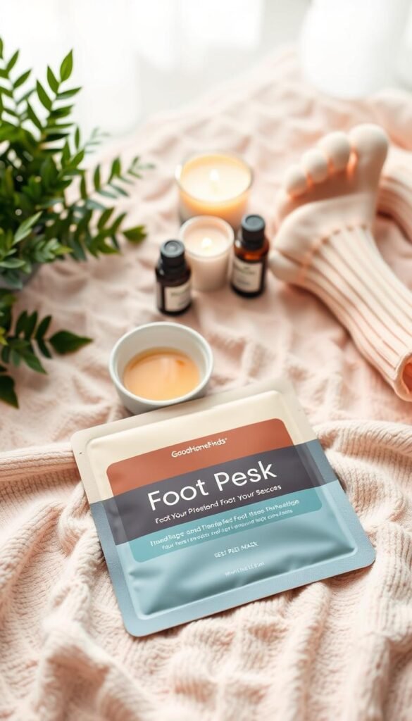 A beautifully arranged flat lay of a GoodHomeFinds foot peel mask on a soft, pastel-colored towel, with gentle natural light illuminating the scene. In the foreground, prominently feature the foot peel mask, showcasing its sleek packaging with soothing colors. Add a small bowl of warm water and a pair of soft, fluffy socks nearby, emphasizing the self-care theme. In the middle ground, position a few essential oils and a candle, highlighting a tranquil atmosphere. The background should include a hint of green plants, creating a fresh, inviting vibe. Capture the image from a slightly elevated angle to convey a cozy, spa-like mood, ideal for self-care enthusiasts.