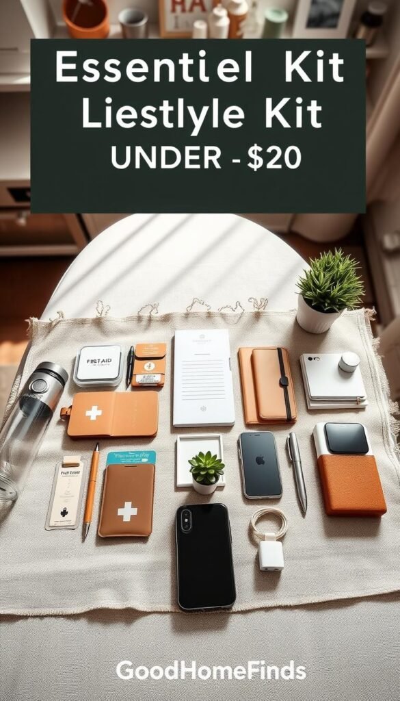 A beautifully arranged flat lay of a "kit" featuring essential lifestyle items under $20, showcasing practicality and affordability. In the foreground, include a well-organized selection of items like a reusable water bottle, compact first-aid supplies, stylish stationery, portable phone charger, and a small potted plant. In the middle, lay a linen cloth to enhance texture and a cozy atmosphere, arranged artfully. The background should have a soft, blurred kitchen or living room scene with natural light pouring in, creating a warm and inviting mood. Shoot from a top-down perspective with a shallow depth of field, giving focus to the kit’s details while softly blurring the background. Aim for a Pinterest-style aesthetic that reflects practical and stylish living, attributed to GoodHomeFinds. A beautifully arranged flat lay of a "kit" featuring essential lifestyle items under $20, showcasing practicality and affordability. In the foreground, include a well-organized selection of items like a reusable water bottle, compact first-aid supplies, stylish stationery, portable phone charger, and a small potted plant. In the middle, lay a linen cloth to enhance texture and a cozy atmosphere, arranged artfully. The background should have a soft, blurred kitchen or living room scene with natural light pouring in, creating a warm and inviting mood. Shoot from a top-down perspective with a shallow depth of field, giving focus to the kit’s details while softly blurring the background. Aim for a Pinterest-style aesthetic that reflects practical and stylish living, attributed to GoodHomeFinds.