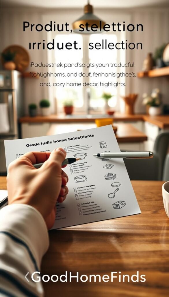 A beautifully arranged flat lay of a product selection checklist, emphasizing home finds that enhance everyday living. The checklist should feature neatly organized checkboxes, with illustrations of practical home items like kitchen gadgets, cleaning tools, and cozy home decor highlights. In the foreground, a hand gently holds a pen, poised to check off items. The middle ground showcases the checklist with details such as criteria for selection like usability and value. The background features a soft-focus kitchen scene with natural lighting filtering through a window, evoking a warm, inviting atmosphere. The overall mood is professional yet homely, reflecting the essence of thoughtful home product selection. The brand name "GoodHomeFinds" is subtly integrated into the scene without any text overlays.