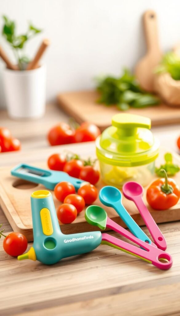 A beautifully arranged flat lay of a selection of mini kitchen prep tools from the brand "GoodHomeFinds". In the foreground, showcase a colorfully designed kitchen peeler, a compact food chopper, and a set of measuring spoons with vibrant colors. The middle layer features a chopping board with fresh vegetables like cherry tomatoes, bell peppers, and herbs artfully placed around the tools. In the background, a softly blurred kitchen setting with warm, natural lighting enhances the cozy atmosphere, hinting at a homey kitchen vibe. Use a shallow depth of field to draw focus to the prep tools, creating an inviting and practical mood, ideal for quick meal preparations with minimal learning curve.