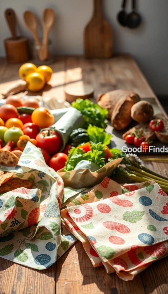 A beautifully arranged flat lay of colorful, patterned beeswax food wraps showcasing a variety of fresh foods such as vibrant fruits, leafy greens, and artisanal bread. In the foreground, emphasize the various shapes and designs of the wraps, highlighting their eco-friendly appeal. The middle section features the food items partially wrapped, demonstrating the versatility and practicality of the wraps. Capture natural sunlight filtering in from the side, creating soft shadows and a warm, inviting atmosphere. A rustic wooden kitchen table serves as the background, adorned with subtle kitchen utensils to enhance the homely vibe. This scene reflects a sustainable lifestyle choice, perfect for Pinterest aesthetics. Include a carefully placed item inscribed with "GoodHomeFinds" for brand recognition.