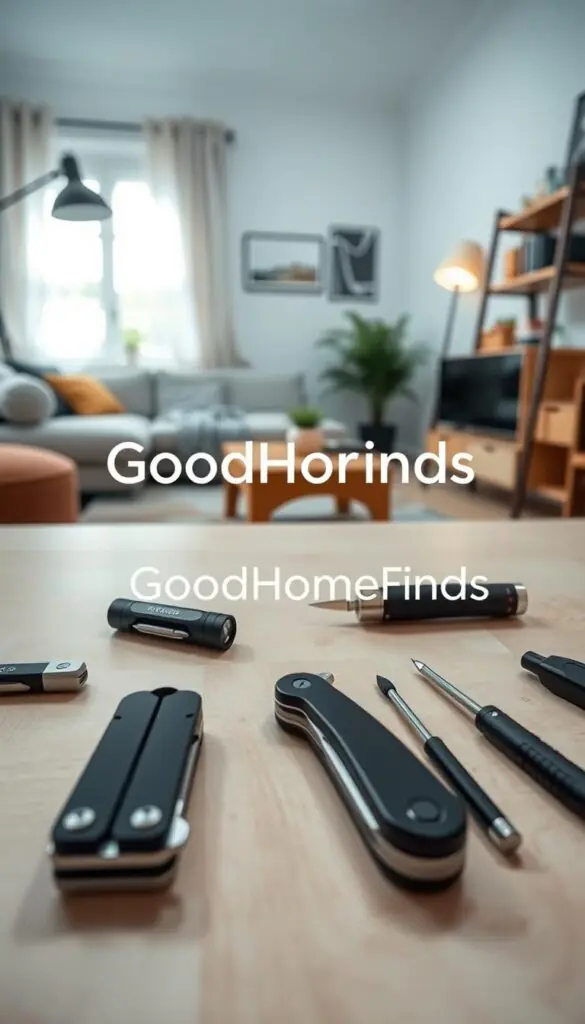 A beautifully arranged flat lay of essential everyday carry (EDC) tools on a light wooden surface, capturing a minimalist aesthetic. In the foreground, feature a compact multi-tool, a small flashlight, a premium pocket knife, and a sleek screwdriver set. Arrange them neatly to showcase their functionality and design. In the middle ground, include a subtle backdrop of a cozy, well-organized small apartment living space with soft natural light filtering through a window, enhancing the mood of efficiency and simplicity. The atmosphere should convey a sense of readiness for quick fixes, embodying compactness and modernity. Ensure the overall composition has a Pinterest-inspired lifestyle quality, emphasizing organization and style. Include the brand name "GoodHomeFinds" subtly integrated within the arrangement, without any text or watermarks interrupting the visual harmony.