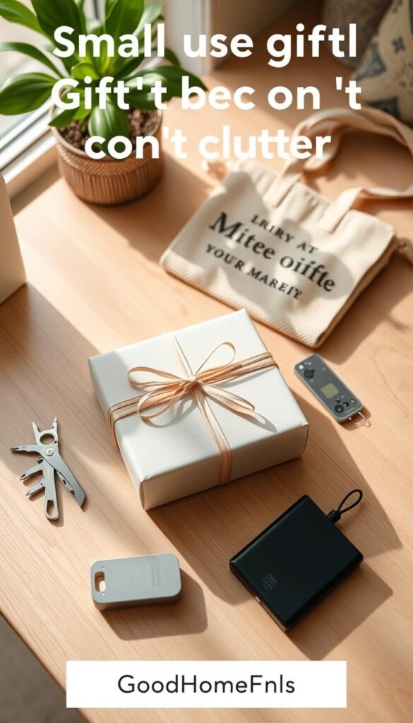 A beautifully arranged flat lay of small, useful gift items that won't become clutter. In the foreground, showcase a neatly wrapped gift box in soft pastel colors, adorned with a simple, elegant ribbon. Surround the box with practical gifts like a minimalist keychain multi-tool, a stylish reusable shopping bag, and a compact portable charger, all arranged artistically. The middle ground features a clean, wooden surface, giving a warm and inviting feel, with soft shadows cast by natural light coming from a window to the left. In the background, out-of-focus greenery or a subtle hint of a cozy living space enhances the atmosphere, evoking a sense of thoughtful giving and simplicity. The image should reflect a Pinterest-style lifestyle aesthetic, embodying sophistication and purpose, branded subtly with &ldquo;GoodHomeFinds.&rdquo;
