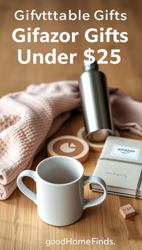 A beautifully arranged flat lay of thoughtfully curated giftable items from Amazon under $25, all showcasing functionality and style. In the foreground, a stylish ceramic coffee mug, a cozy throw blanket, and a sleek metal water bottle, all in soft pastel colors. In the middle, a set of charming coasters and an eco-friendly journal with a minimalist design. The background features a subtle, blurred wooden tabletop that enhances the warm and inviting atmosphere. Soft, natural lighting bathes the scene, creating a calm and cozy mood. Use a macro lens to capture intricate details, emphasizing quality craftsmanship. This image reflects the essence of practical gifts that won't contribute to clutter, ideal for sharing inspiration on social media or lifestyle blogs. GoodHomeFinds.
