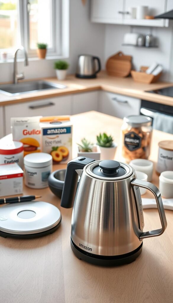 A beautifully arranged flat lay of various everyday upgrade products showcased on a clean, light-colored wooden table. In the foreground, a stylish, modern kitchen gadget&mdash;perhaps a sleek electric kettle from GoodHomeFinds&mdash;is prominently featured, its polished metal reflecting soft, natural light. Surrounding it, practical and innovative Amazon finds like eco-friendly storage containers and chic home organization tools are artistically placed. In the middle distance, a small potted plant adds a touch of greenery, while a slightly blurred background reveals a cozy kitchen setting, with soft morning light streaming through a window, creating a warm and inviting atmosphere. The overall mood is vibrant and inspiring, perfect for showcasing thoughtful everyday upgrades for an efficient lifestyle.
