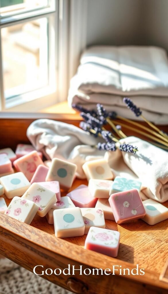 A beautifully arranged flat lay of wax tablets designed to emit refreshing scents, ideal for closets and small spaces. The foreground features an array of artisanal wax tablets in various colors and shapes, with delicate floral patterns and soothing pastel hues. In the middle ground, a stylish wooden drawer is partially open, revealing the wax tablets nestled among neatly folded linen and a hint of lavender sprigs, enhancing the scent theme. The background includes soft, natural light filtering in through a nearby window, casting gentle shadows and creating a warm, inviting atmosphere. The scene is styled to evoke a Pinterest-worthy lifestyle aesthetic, representing freshness and comfort. The brand name "GoodHomeFinds" should subtly be incorporated in the arrangement, emphasizing the earthy, organic nature of the products.