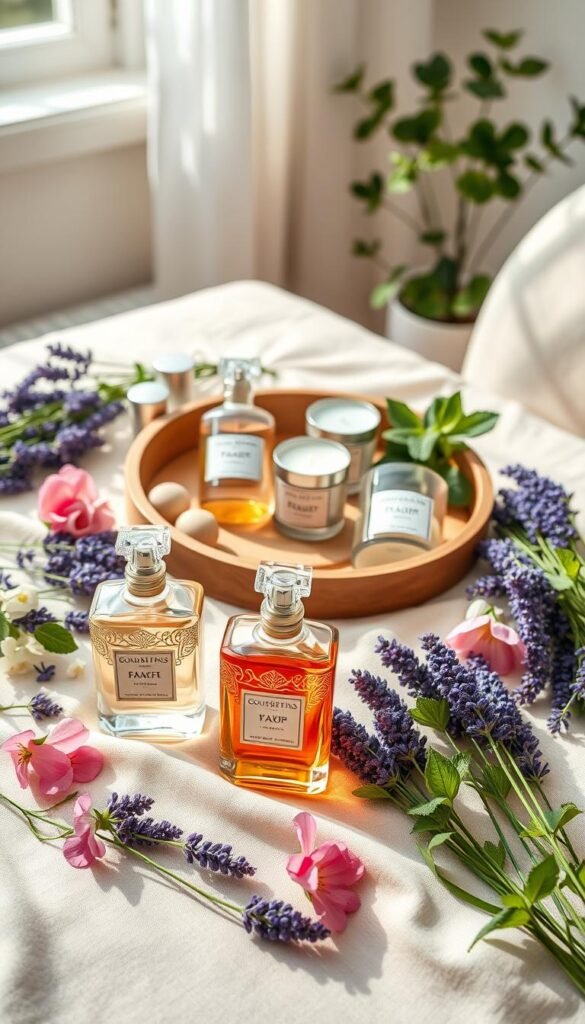 A beautifully arranged flat lay showcasing a collection of "GoodHomeFinds" fragrance products. In the foreground, elegant bottles of perfume with intricate designs are placed on a soft, natural linen cloth. Surrounding the bottles, fresh flowers and aromatic herbs like lavender and mint create a vibrant, inviting atmosphere. In the middle, a stylish wooden tray holds scented candles, neatly labeled. Soft, natural lighting casts a warm glow across the scene, enhancing the rich colors and textures. The background features a light, airy room with subtle greenery, suggesting a clean, serene environment. The overall mood is calming and luxurious, evoking a sense of sophistication and indulgence in personal fragrance choices.