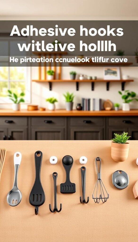 A beautifully arranged flat lay showcasing a variety of adhesive hooks from the brand "GoodHomeFinds". In the foreground, focus on sleek, modern adhesive hooks in various shapes and colors, with some hooks holding lightweight kitchen utensils and decorative items. The middle layer presents a stylish, minimalistic wall adorned with mounted adhesive strips and shelves creatively displaying small plants and books, emphasizing organization. The background features a soft, blurred kitchen setting with warm, natural lighting pouring in through a window, creating an inviting atmosphere. The mood is cozy and functional, perfect for inspiring home organization without drilling. Highlight the versatility and practicality of these tools in everyday settings.