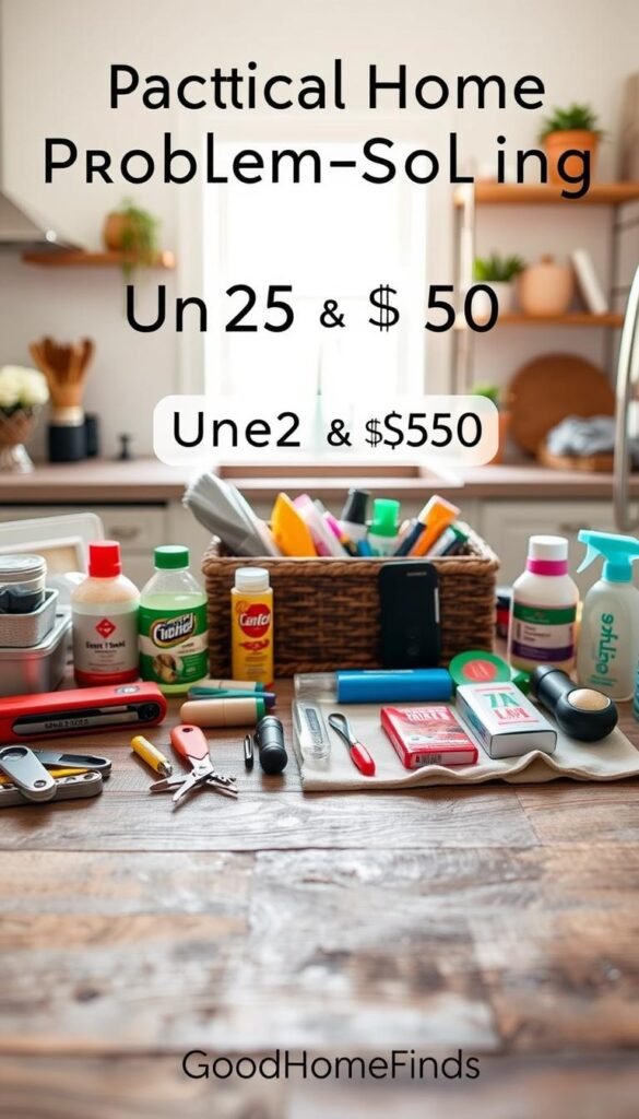 A beautifully arranged flat lay showcasing an array of practical home problem-solving products under $25 and $50, emphasizing their functionality and affordability. In the foreground, vibrant items like a multi-tool, a compact organizer, and eco-friendly cleaning supplies are neatly displayed on a rustic wooden surface. In the middle ground, a subtle separation, perhaps with a soft cotton cloth, delineates the budget categories, featuring products like a kitchen gadget and a utility flashlight. The background is a softly blurred kitchen setting, illuminated by warm, natural light streaming through a nearby window, creating a welcoming atmosphere. The overall mood is inspiring and accessible, reflecting the brand "GoodHomeFinds," appealing to budget-conscious shoppers seeking smart solutions for everyday challenges.