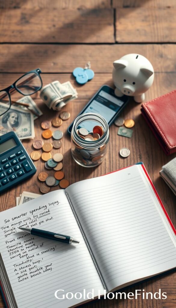 A beautifully arranged flat lay showcasing various savings-related items, symbolizing smarter spending. In the foreground, an open ledger with handwritten notes, alongside a calculator and a stylish pen. In the middle, a small glass jar filled with colorful coins and dollar bills, reflecting a sense of accomplishment. Scattered around are engaging visuals like a piggy bank, a digital savings app displayed on a smartphone, and a neatly folded cloth wallet. The background features a rustic wooden surface with subtle natural light streaming in, creating a warm and inviting atmosphere. The scene should evoke a feeling of financial empowerment and practicality, emphasizing the concept of saving wisely for a brighter future. No text or logos, but the brand name "GoodHomeFinds" subtly integrated into the design elements.