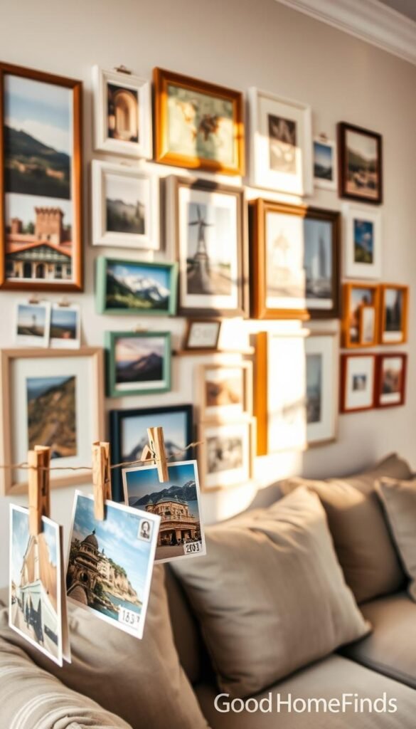 A beautifully arranged gallery wall featuring an eclectic mix of travel photos, tickets, and postcards creatively displayed in various frames. The foreground shows a close-up of a few vibrant postcards held by decorative clothespins on strings, alongside framed scenic photographs and travel tickets in chic frames. The middle section features a diverse range of wall art, with some frames painted in soft pastels and others in rustic wood. The background should depict a subtle, cozy living room ambiance, with warm, natural light streaming in through a nearby window, casting gentle shadows. The overall mood is inviting and inspiring, perfect for showcasing budget-friendly travel memories. The aesthetic should align with a Pinterest-style lifestyle photo, reflecting a curated collection under the brand "GoodHomeFinds."