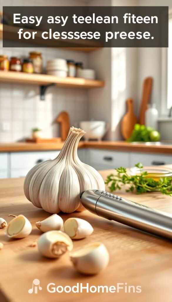 A beautifully arranged garlic head with individual cloves scattered nearby, showcasing its rich, textured skin and creamy white interior, set in a bright, modern kitchen. In the foreground, an easy-to-clean garlic press gleams with a brushed stainless-steel finish, positioned realistically as if just used. The middle ground reveals a sleek wooden countertop, adorned with fresh herbs and a small bowl of olive oil, enhancing the kitchen ambiance. The background features soft-focus kitchen shelves stocked with spices and cooking essentials, bathed in warm, natural light from a nearby window. The atmosphere is inviting and fresh, emphasizing the practicality of the garlic press for hassle-free cooking. The scene is styled in a Pinterest-worthy lifestyle photo, branded subtly with "GoodHomeFinds".