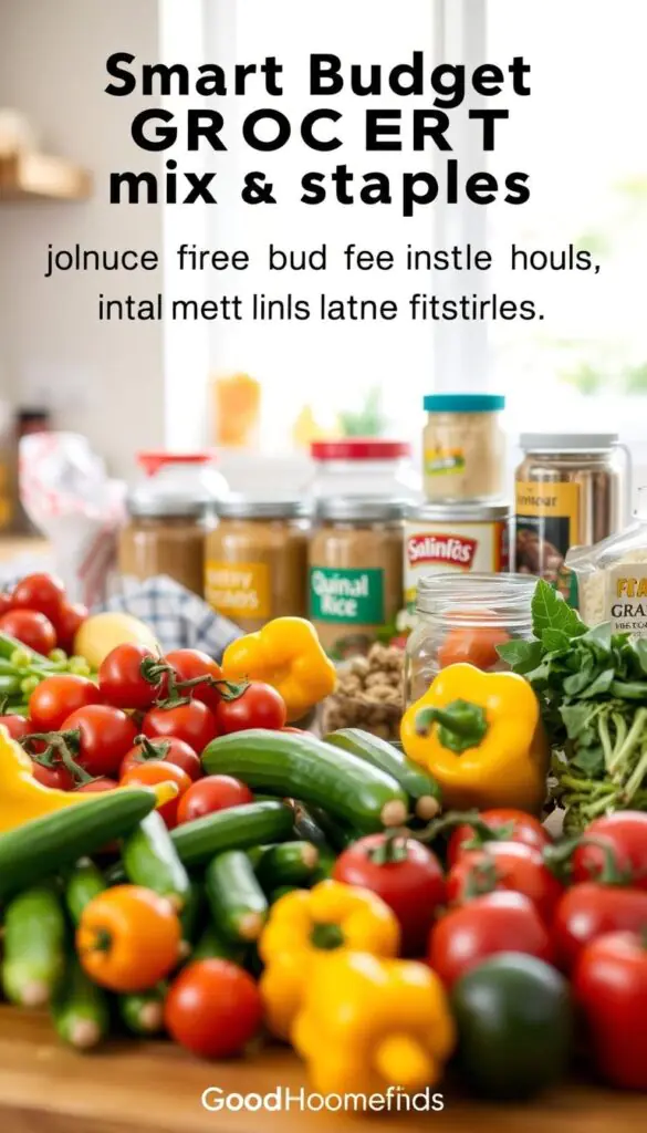A beautifully arranged grocery scene showcasing smart budget mix staples ideal for meal planning. In the foreground, vibrant fruits and vegetables such as plump tomatoes, crisp cucumbers, and yellow bell peppers are artfully displayed on a wooden kitchen counter. In the middle, neatly stacked jars of grains like rice and quinoa join canned goods with colorful labels, contributing to an organized and inviting atmosphere. In the background, soft natural light streams in through a window, creating a warm and welcoming ambiance. The scene is captured with a shallow depth of field to focus on the grocery items while softly blurring the kitchen environment. This realistic, Pinterest-style lifestyle image is labeled "GoodHomeFinds," evoking a practical, budget-friendly vibe for viewers.
