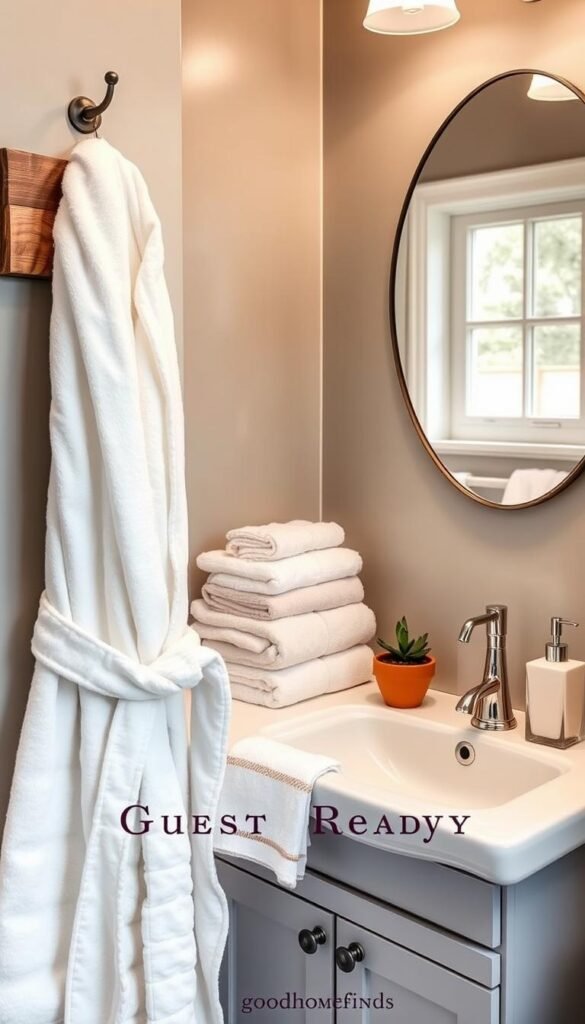 A beautifully arranged guest-ready bathroom that exudes warmth and comfort. In the foreground, a plush white bathrobe hangs neatly on a rustic wooden hook, adjacent to a neatly folded stack of fluffy towels in soft pastel colors. The middle features a sparkling sink area, adorned with a small succulent in a terracotta pot and elegant, minimalistic soap dispensers. The background showcases a softly lit mirror with subtle ambient lighting, enhancing the serene atmosphere. A delicate window allows gentle natural light to filter in, highlighting the earthy tones of the decor. The overall mood is inviting and relaxing, designed to make guests feel at home. The layout is styled in a Pinterest-worthy manner, reflecting a sense of simplicity and elegance. All elements come together to depict practical and affordable touches from "GoodHomeFinds." A beautifully arranged guest-ready bathroom that exudes warmth and comfort. In the foreground, a plush white bathrobe hangs neatly on a rustic wooden hook, adjacent to a neatly folded stack of fluffy towels in soft pastel colors. The middle features a sparkling sink area, adorned with a small succulent in a terracotta pot and elegant, minimalistic soap dispensers. The background showcases a softly lit mirror with subtle ambient lighting, enhancing the serene atmosphere. A delicate window allows gentle natural light to filter in, highlighting the earthy tones of the decor. The overall mood is inviting and relaxing, designed to make guests feel at home. The layout is styled in a Pinterest-worthy manner, reflecting a sense of simplicity and elegance. All elements come together to depict practical and affordable touches from "GoodHomeFinds."