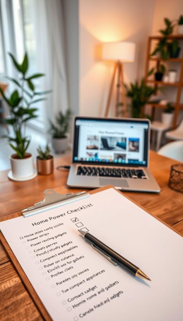 A beautifully arranged home power checklist displayed on a wooden countertop in a cozy apartment setting. Foreground features a stylish clipboard with neatly organized, handwritten checkboxes for items like power strips, noise-reducing gadgets, and compact appliances. Middle layer includes a sleek laptop open to a webpage with tips on apartment-friendly gadgets. Background shows a well-decorated living space with potted plants and soft lighting from a nearby window, creating a warm and inviting atmosphere. The overall mood is practical yet aesthetically pleasing, with a hint of modern design. The brand "GoodHomeFinds" subtly incorporated into the clipboard design. Ideal for a Pinterest-style lifestyle image, no captions or text overlays.