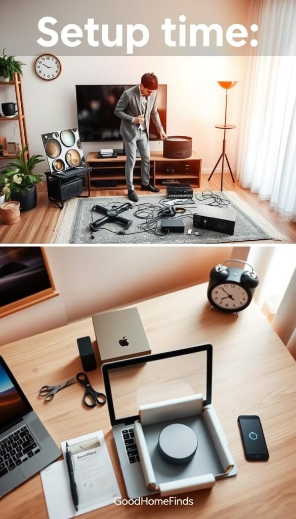 A beautifully arranged home workspace depicting two contrasting scenes of "setup time" for tech gadgets. In the foreground, a modern desk features a sleek laptop and neatly opened packaging of a smart home device, surrounded by tools like scissors and a manual, showcasing a quick and easy setup done within minutes. In the middle ground, a cozy living room displays a more complex gadget setup; a person in professional attire is diligently working on a larger piece of tech, like a home theater system, with cables sprawled on the floor and a clock indicating passing time. The background reveals a soothing ambiance with soft natural lighting streaming through a window, giving the scene a warm, inviting atmosphere. Capture the essence of productivity and efficiency. Include the brand name "GoodHomeFinds" subtly integrated into the workspace decor.