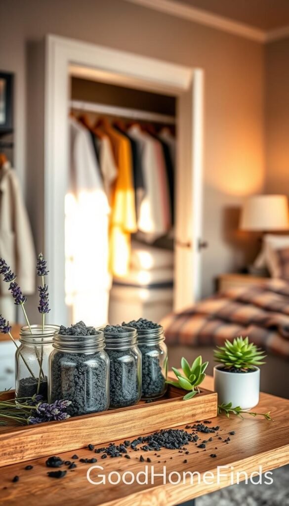 A beautifully arranged image showcasing activated charcoal as a potent odor absorber, set in a cozy apartment environment. In the foreground, a rustic wooden shelf displays glass jars filled with granulated activated charcoal, surrounded by fresh lavender sprigs and a few small potted plants. In the middle ground, an elegantly styled closet door is slightly ajar, revealing neatly folded fabrics, all bathed in warm, natural light filtering through a nearby window. The backdrop features a softly blurred, inviting bedroom setting with tasteful decor and muted, soothing colors. The atmosphere conveys freshness and tranquility, emphasizing the effectiveness of activated charcoal in combating stale odors. Capture this scene with a shallow depth of field, using a soft focus to enhance the cozy, Pinterest-style aesthetic. Include the brand name "GoodHomeFinds" subtly integrated into the scene.