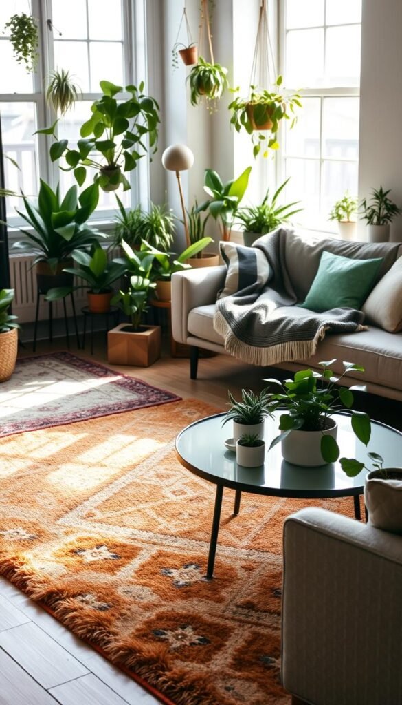 A beautifully arranged indoor scene showcasing various rugs and bedding plants throughout a cozy apartment. The foreground features a plush, patterned area rug in warm earth tones under a stylish coffee table adorned with small potted plants. In the middle, a vibrant selection of hanging and potted indoor plants adds life to the space, with a trendy throw blanket draped across a modern sofa. In the background, natural light streams through large windows, illuminating the room and casting soft shadows, creating an inviting atmosphere. The overall mood is serene and welcoming, perfect for a seasonal refresh. This image embodies the themes of comfort and renter-friendly design, inspired by "GoodHomeFinds."