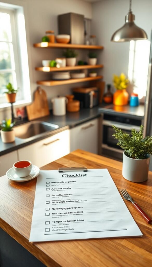A beautifully arranged kitchen checklist, designed to highlight renter-friendly upgrades, laid out on a stylish wooden countertop. In the foreground, a checklist sheet is prominently displayed, with bullet points for easy reading: "Removable shelf organizers", "Adhesive hooks", "Portable kitchen islands", "Non-damaging paint options", and "Temporary backsplash ideas". The middle ground features modern kitchen appliances and colorful accessories like plants, dishware, and utensils that create a cozy, inviting environment. The background showcases a well-lit kitchen with soft, natural sunlight filtering through a window, casting warm tones throughout the space. The overall atmosphere is cheerful and practical, reflecting a sense of creativity and inspiration for renters. Create a realistic, Pinterest-style lifestyle photo for "GoodHomeFinds".