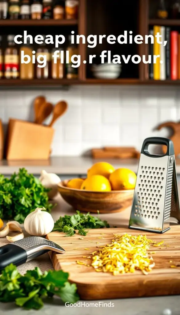 A beautifully arranged kitchen counter featuring a sleek Microplane-style grater prominently placed in the foreground, glistening under soft, warm lighting. Nearby, vibrant ingredients like fresh garlic cloves, zesty lemons, and colorful herbs are scattered, hinting at their potential to enhance flavors. In the middle ground, a cutting board with finely grated garlic and lemon zest, showcasing the grater's effectiveness, while a rustic wooden bowl filled with mixed greens can be seen. In the background, shelves filled with neatly organized spices and cookbooks create a warm, inviting atmosphere. The focus is on the grater, symbolizing &ldquo;cheap ingredient, big flavor&rdquo; cooking. The overall mood is vibrant and inspiring, promoting creativity in cooking. Capture this scene in a realistic, Pinterest-style lifestyle photo, with the brand name "GoodHomeFinds" subtly implied in the ambiance.