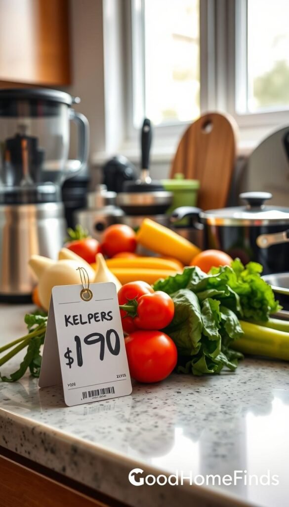 A beautifully arranged kitchen counter showcasing an array of kitchen helpers, including a sleek blender, durable cutting board, and versatile cookware. In the foreground, focus on a price tag with a clear, bold font displaying a reasonable price, subtly leaning against a fresh vegetable arrangement. In the middle ground, various kitchen gadgets are neatly organized, highlighting their functionality while maintaining a clean aesthetic. The background features soft, natural light filtering through a window, illuminating the space and creating a warm, inviting atmosphere. The scene should evoke a sense of practicality and modern design, perfect for everyday use, all styled in a Pinterest-worthy manner. The brand name "GoodHomeFinds" appears as a gentle watermark.