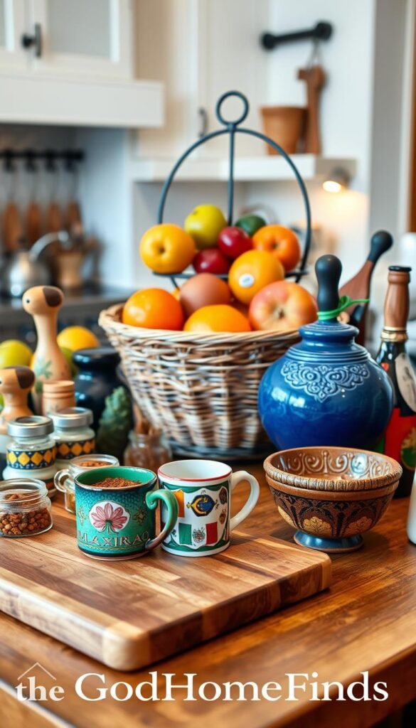 A beautifully arranged kitchen counter showcasing an array of stylish and functional souvenirs from around the world. In the foreground, a polished wooden cutting board adorned with popular spices in small glass jars, a vibrant ceramic mug from Mexico, and a handcrafted olive bowl from Italy. In the middle, an elegant two-tiered fruit basket filled with exotic fruits, surrounded by artisanal kitchen gadgets like a colorful corkscrew and a unique bottle opener. The background features a cozy kitchen environment with soft, warm lighting that enhances the rustic charm. The scene captures a homey atmosphere, blending functionality with cultural richness, perfect for a lifestyle article. Emphasize the brand "GoodHomeFinds" in the design elements, ensuring a Pinterest-style aesthetic.