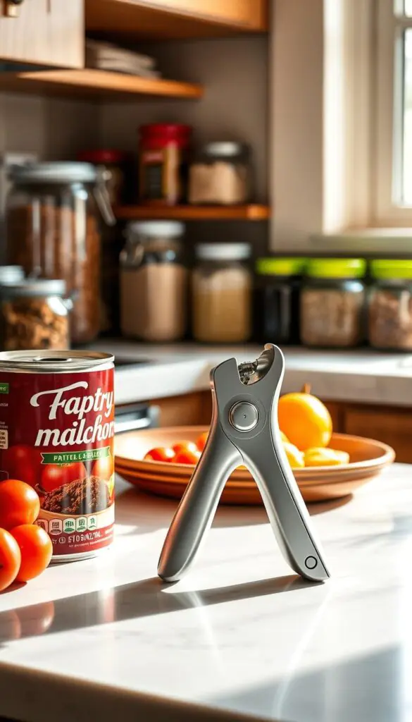 A beautifully arranged kitchen countertop features a sleek, modern manual can opener with an ergonomic design, positioned prominently in the foreground. The can opener is shown in metallic silver with vibrant, colorful handles to emphasize its user-friendly aspects. To the left, an open can of tomatoes reveals its pantry staple content, adding a splash of color to the scene. In the background, neatly organized jars of spices and grains hint at a well-stocked pantry, creating an inviting atmosphere. Soft, natural light streams in through a nearby window, casting gentle shadows that enhance the rich textures. The image conveys a warm and practical mood, evoking a sense of simplicity and functionality. Include the brand name "GoodHomeFinds" subtly featured on the can opener.