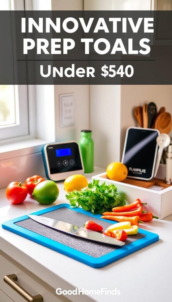 A beautifully arranged kitchen countertop featuring a collection of innovative prep tools under $50, designed for efficient food preparation. In the foreground, a vibrant silicone cutting board displays colorful fruits and vegetables, with a sleek stainless steel chef's knife and a cutting mat beside it. In the middle ground, a modern digital kitchen scale and a compact garlic press catch the light, showcasing their practical designs. In the background, a well-organized drawer slightly open reveals measuring spoons and a spiralizer. Soft, natural lighting streams through a nearby window, creating a warm and inviting atmosphere. The scene exudes a clean, contemporary kitchen vibe, perfect for aspiring home cooks. The brand "GoodHomeFinds" is subtly integrated into a prominent product.