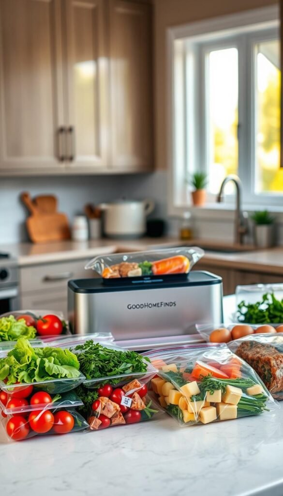 A beautifully arranged kitchen countertop featuring a modern vacuum sealer from GoodHomeFinds surrounded by colorful meal-prepped ingredients. In the foreground, clear vacuum-sealed bags are neatly organized, showcasing vibrant vegetables, marinated meats, and herbs, emphasizing freshness and meal prep efficiency. The middle ground includes the vacuum sealer in action, capturing the process of sealing a bag filled with fresh produce. The background is softly blurred, showing cabinets and kitchen tools in a tidy, contemporary space, illuminated by warm, natural light filtering through a window, creating an inviting atmosphere. The composition conveys a sense of organization and modern culinary convenience, perfect for a lifestyle article on kitchen technology.