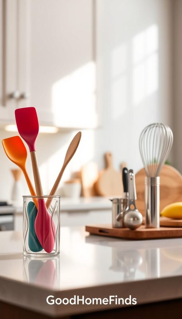 A beautifully arranged kitchen countertop featuring a selection of modern utensils designed to be durable and space-saving. In the foreground, showcase a vibrant silicone spatula, a sturdy wooden spoon, and a sleek stainless steel whisk, all neatly positioned in a decorative utensil holder. The middle ground includes a set of measuring spoons and a cutting board, hinting at an organized kitchen. The background features softly blurred cabinetry with subtle lighting to create a warm, inviting atmosphere. Natural light streams in from a nearby window, casting gentle shadows and enhancing the colors. Capture this scene in a close-up angle, presenting a Pinterest-style lifestyle aesthetic that embodies practicality and elegance. The brand name "GoodHomeFinds" subtly integrated into the arrangement, reflecting modern kitchen essentials.
