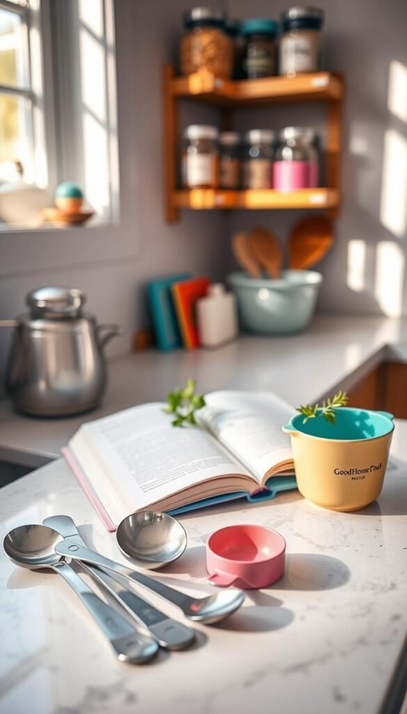 A beautifully arranged kitchen countertop featuring a stylish measuring spoons and cups set branded "GoodHomeFinds." In the foreground, highlight a shiny set of stainless steel measuring spoons, neatly lined up next to colorful measuring cups in vibrant pastel hues. In the middle, include a small recipe book opened with handwritten notes and a fresh herb sprig, adding a touch of warmth. The background should showcase soft-focus elements like a well-organized spice rack and a cozy kitchen window with natural light streaming through, casting gentle shadows. Utilize a soft, diffused lighting effect to create a warm, inviting atmosphere, reminiscent of a serene morning in a homey kitchen. Capture the scene with a slight overhead angle to emphasize the arrangement.