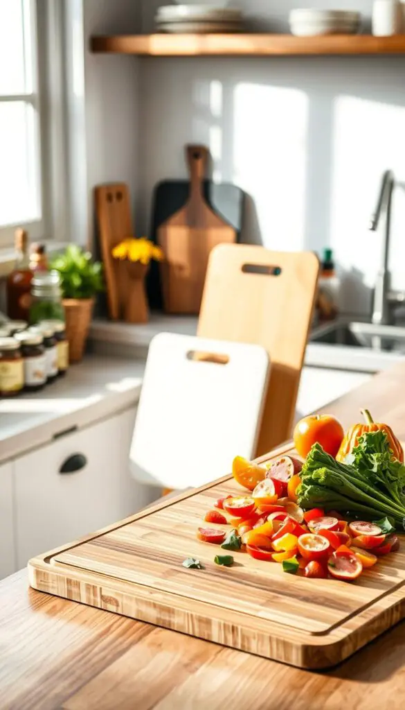 A beautifully arranged kitchen countertop featuring an array of dishwasher-safe cutting boards with varied textures and colors, including bamboo, polypropylene, and tempered glass. In the foreground, a well-lit, sleek bamboo cutting board is placed at an angle with a fresh array of colorful vegetables chopped on it, showcasing the practicality and aesthetic appeal. The middle layer showcases a few additional cutting boards propped stylishly, highlighting their different designs. In the background, minimalist kitchen elements like spices, utensils, and a tidy sink create a warm, inviting atmosphere. Soft, natural lighting streams in from a window, enhancing the vibrant colors of the produce and the boards. Capture this lifestyle photo in a Pinterest-style aesthetic, emphasizing the brand "GoodHomeFinds" without any text or logos.
