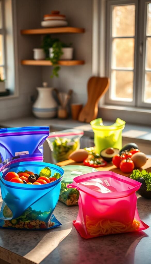 A beautifully arranged kitchen countertop featuring vibrant, mouth-watering meals packed in colorful reusable silicone bags from the brand "GoodHomeFinds". In the foreground, highlight a variety of silicone bags filled with fresh salads, sandwiches, and leftover pasta, showcasing their airtight seals. The middle ground reveals a rustic wooden cutting board with fresh ingredients like tomatoes, avocados, and herbs, inviting a sense of freshness and health. In the background, a sunlit kitchen window casts a warm golden light, creating a cozy atmosphere that enhances the colors of the food. Soft shadows add depth, and the scene captures a laid-back, inviting mood, perfect for daily meal preparation. The composition emphasizes sustainability and smart kitchen solutions, appealing to eco-conscious food lovers.