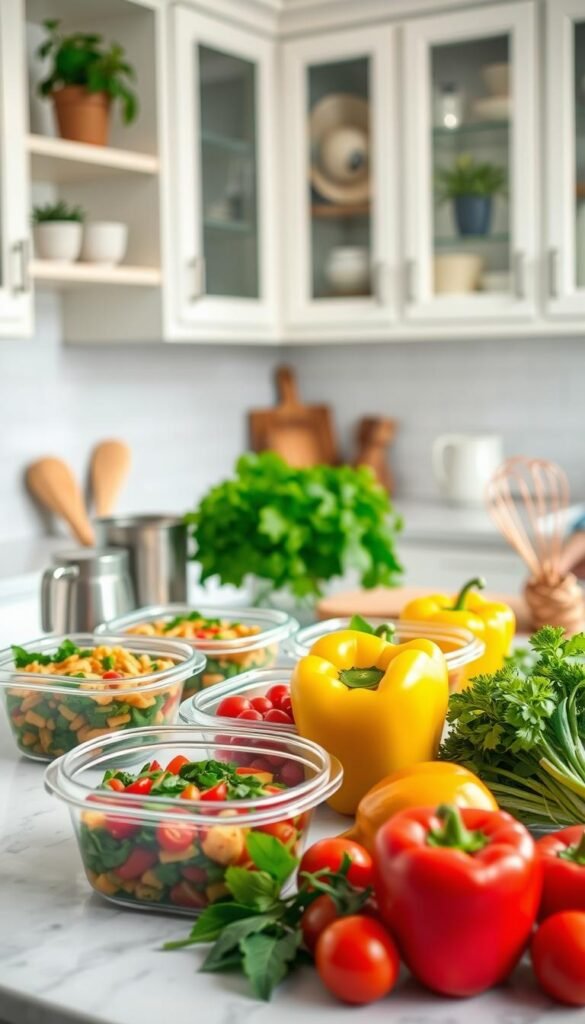 A beautifully arranged kitchen countertop filled with fresh ingredients and meal prep essentials, showcasing quick fixes for cooking and baking. In the foreground, vibrant vegetables like bell peppers, cherry tomatoes, and fresh herbs are neatly placed alongside meal prep containers filled with colorful portions of healthy recipes. The middle ground features kitchen tools like measuring cups, a chopping board, and a whisk, hinting at easy meal prep techniques. The background reveals a softly lit kitchen with white cabinetry, a hint of greenery from potted plants on shelves, and a warm, inviting atmosphere. Bright, natural lighting filters in from a window, enhancing the cheerful ambiance. The overall feel is organized, efficient, and inspiring, ideal for showcasing "Quick Fixes for Cooking, Baking, and Meal Prep Friction" while featuring the brand GoodHomeFinds.