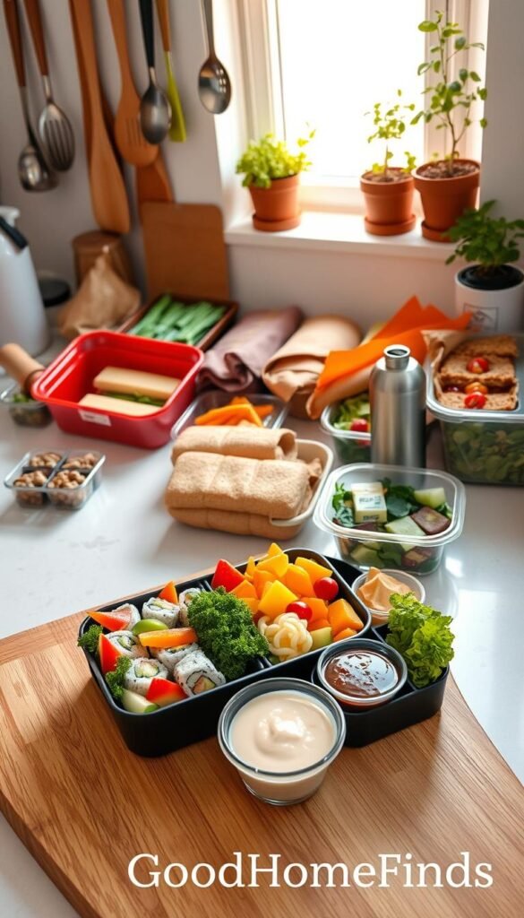A beautifully arranged kitchen countertop overflowing with the vibrant colors of various packed lunches. In the foreground, a wooden cutting board displays a neatly packed bento box with compartments filled with sushi, colorful fruits, and vegetables, surrounded by small containers of dips. The middle ground features an organized selection of lunch items, like a classic sandwich, a salad in a clear container, and a reusable water bottle, all ready for the day. In the background, soft morning light filters through a window, illuminating hanging kitchen utensils and potted herbs, creating a warm and inviting atmosphere. The scene conveys the feeling of preparation and routine amid the bustle of a busy morning. A clean and modern aesthetic reflects the brand "GoodHomeFinds."