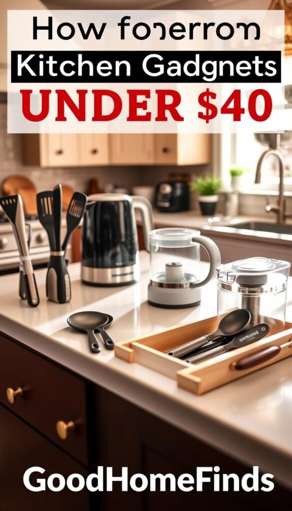 A beautifully arranged kitchen countertop showcasing a variety of modern kitchen gadgets under $50. In the foreground, there are ergonomic utensils, a sleek electric kettle, and a multi-functional vegetable chopper, all labeled with subtle tags. In the middle ground, there's an organized gadget drawer partially open, displaying measuring spoons and a compact food processor. The background features warm, inviting kitchen decor with soft natural lighting streaming in through a window, illuminating the scene. The atmosphere feels homey and practical, emphasizing smart choices for kitchen upgrades. The image aligns with the brand "GoodHomeFinds," reflecting a lifestyle aesthetic perfect for Pinterest. Camera angle at eye-level, shallow depth of field for focus on the gadgets.