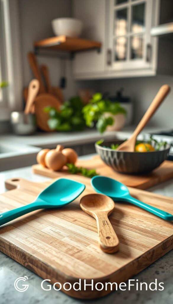 A beautifully arranged kitchen countertop showcasing a vibrant silicone spatula alongside a classic wooden spoon. The spatula is in a rich teal color, with a glossy finish that catches the light, while the wooden spoon has a warm, natural wood tone with visible grain. In the foreground, they rest on a rustic cutting board, hinting at a homey cooking atmosphere. The middle ground features delicate kitchen utensils and a bowl of fresh ingredients, with soft, natural lighting filtering in from a nearby window, creating a warm and inviting ambiance. The background contains lightly blurred kitchen cabinets and potted herbs, adding a touch of greenery. Captured with a shallow depth of field using a 50mm lens, the image exudes a cozy, relatable vibe ideal for home cooking enthusiasts. Brand name &ldquo;GoodHomeFinds&rdquo; subtly incorporated into the scene.