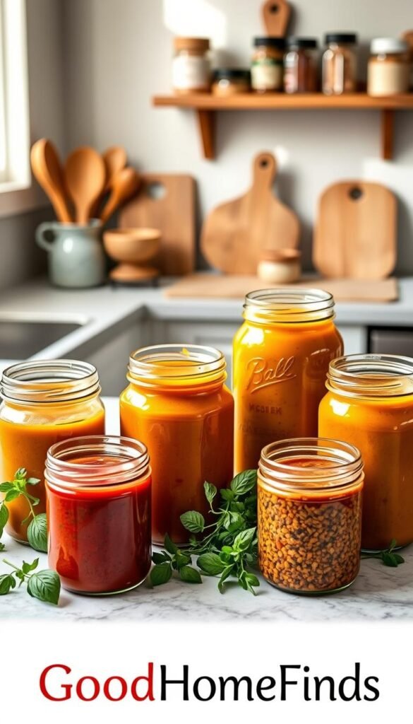 A beautifully arranged kitchen countertop showcasing an assortment of colorful, freezer-friendly soups in glass containers. Foreground features a variety of soups: rich tomato basil, hearty minestrone, creamy butternut squash, and spicy lentil, all in clear jars with vintage-style lids. The middle ground includes fresh herbs like basil and parsley, adding vibrant greenery around the jars. In the background, blurred kitchen elements such as wooden utensils, a cutting board, and a rustic shelf filled with spices create a cozy atmosphere. Soft, natural light filters in from a nearby window, casting gentle shadows and enhancing the inviting feel. This image embodies the essence of meal prepping and convenience, reflecting the warmth and accessibility of 'GoodHomeFinds.'