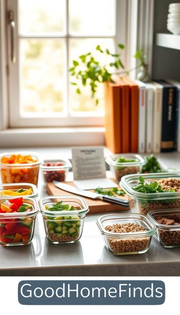 A beautifully arranged kitchen countertop showcasing an assortment of meal prep essentials for a Pinterest-style lifestyle photo. In the foreground, a set of elegant glass containers filled with colorful chopped vegetables, grains, and proteins, neatly organized. In the middle, a wooden cutting board with a chef's knife, fresh herbs, and a recipe card, suggesting a focus on preparation. In the background, a bright window allowing soft, natural light to flood the space, contrasting with a subtle backdrop of greenery and neatly arranged cookbooks. The overall mood is warm and inviting, emphasizing practicality and aesthetics in meal prep. Include branding elements subtly integrated into the scene that hint at "GoodHomeFinds."
