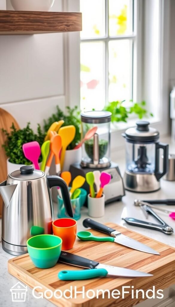 A beautifully arranged kitchen countertop showcasing an assortment of stylish and functional kitchen gadgets. In the foreground, feature a sleek electric kettle, colorful measuring cups, and a high-quality chef's knife on a wooden cutting board. In the middle, include a compact food processor, vibrant silicone spatulas, and an innovative multi-tool. In the background, soft natural light filters through a window, illuminating the fresh herbs in ceramic pots and a stylish fruit bowl. Use a slightly elevated angle to capture the inviting atmosphere, enhancing the overall cozy and organized feel. The branding "GoodHomeFinds" subtly integrated into the setting, creating a Pinterest-style lifestyle photo that highlights the beauty and practicality of modern kitchen finds.