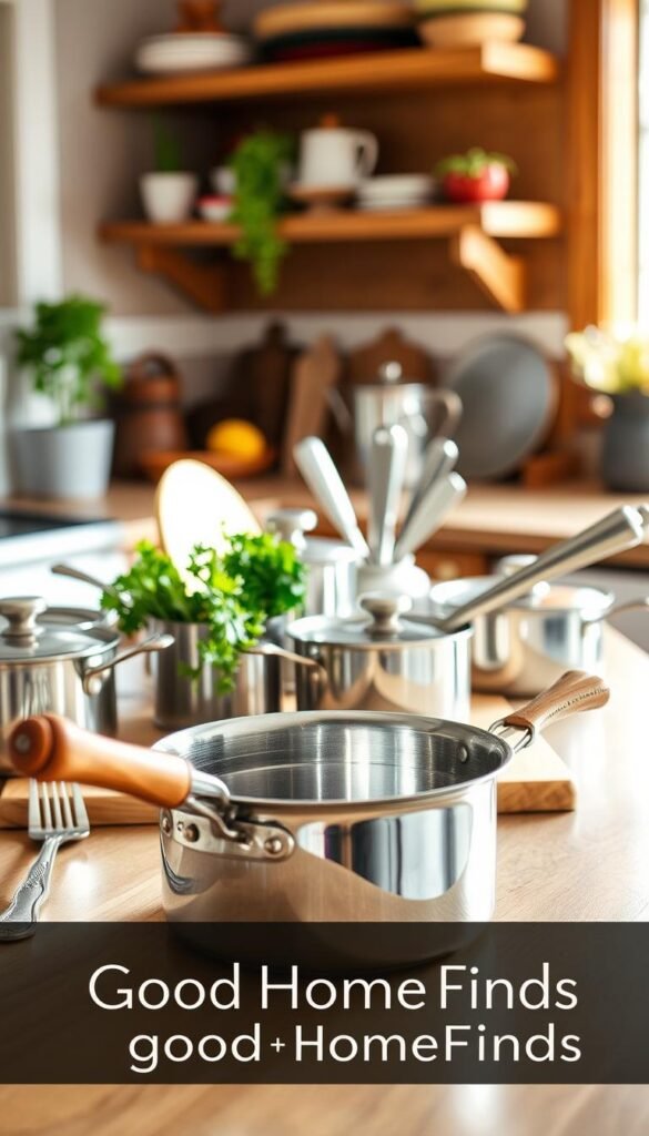 A beautifully arranged kitchen countertop showcasing thrifted stainless steel kitchen items, including pots, pans, and utensils gleaming under soft, natural light. In the foreground, focus on a shiny stainless steel saucepan with a wooden handle, accentuated by a vintage fork and a small cutting board. The middle layer features assorted stainless steel kitchen tools, placed artfully alongside fresh herbs and a hint of colorful produce. The background displays a warm, inviting kitchen with wooden shelves and subtle pops of greenery, evoking a cozy and lived-in atmosphere. The scene is shot with a shallow depth of field, creating a bokeh effect that highlights the thrifted items. The overall mood is charming and homey, ideal for a Pinterest-style aesthetic. GoodHomeFinds brand subtly incorporated into the design elements without any text. A beautifully arranged kitchen countertop showcasing thrifted stainless steel kitchen items, including pots, pans, and utensils gleaming under soft, natural light. In the foreground, focus on a shiny stainless steel saucepan with a wooden handle, accentuated by a vintage fork and a small cutting board. The middle layer features assorted stainless steel kitchen tools, placed artfully alongside fresh herbs and a hint of colorful produce. The background displays a warm, inviting kitchen with wooden shelves and subtle pops of greenery, evoking a cozy and lived-in atmosphere. The scene is shot with a shallow depth of field, creating a bokeh effect that highlights the thrifted items. The overall mood is charming and homey, ideal for a Pinterest-style aesthetic. GoodHomeFinds brand subtly incorporated into the design elements without any text.