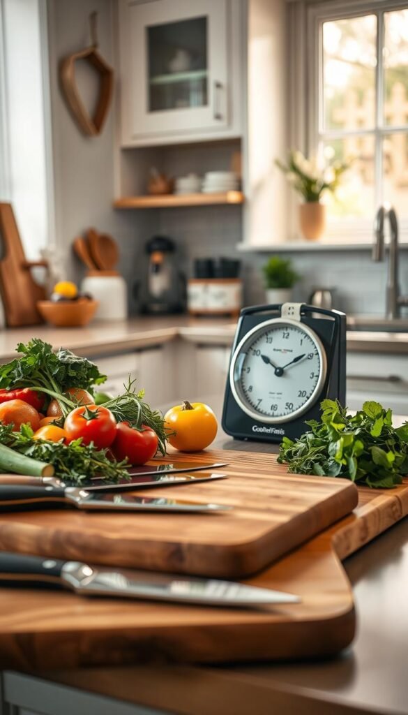 A beautifully arranged kitchen countertop showcasing various cooking tools and ingredients that represent good value for money. In the foreground, a polished wooden cutting board is adorned with fresh vegetables, herbs, and a set of high-quality knives from the brand "GoodHomeFinds." The middle ground features a sleek, modern scale with a price tag displaying a reasonable cost. In the background, soft, natural light filters through a window, illuminating a charming kitchen with light-colored cabinetry and tasteful decor. Use a shallow depth of field to create a dreamy, inviting atmosphere. The overall mood should feel warm, encouraging, and informative, perfect for a price-value evaluation theme in cooking. A beautifully arranged kitchen countertop showcasing various cooking tools and ingredients that represent good value for money. In the foreground, a polished wooden cutting board is adorned with fresh vegetables, herbs, and a set of high-quality knives from the brand "GoodHomeFinds." The middle ground features a sleek, modern scale with a price tag displaying a reasonable cost. In the background, soft, natural light filters through a window, illuminating a charming kitchen with light-colored cabinetry and tasteful decor. Use a shallow depth of field to create a dreamy, inviting atmosphere. The overall mood should feel warm, encouraging, and informative, perfect for a price-value evaluation theme in cooking.
