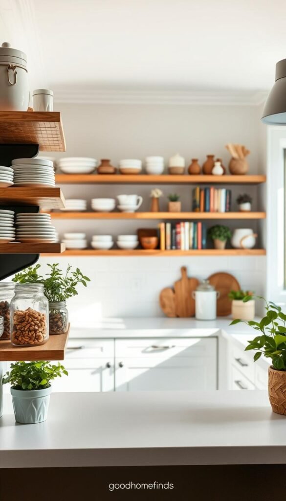 A beautifully arranged kitchen featuring open shelving that showcases functional and decorative items. In the foreground, a wooden shelf displays a collection of stylish ceramic dishes, glass jars filled with dry goods, and potted herbs. The middle ground reveals a bright, airy kitchen with white cabinetry and a sleek countertop, illuminated by natural light streaming through a nearby window. The shelves are adorned with colorful cookbooks and tasteful decor, adding a cozy touch. In the background, soft, neutral tones complement the scene, creating a harmonious feel. The mood is inviting and inspiring, capturing the essence of effortless organization and style. The image should evoke a Pinterest-worthy aesthetic, emphasizing the concept of open shelving vibes without permanent changes. GoodHomeFinds.