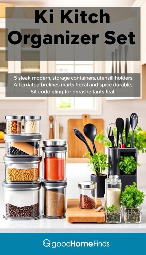A beautifully arranged kitchen organizer set featuring sleek, modern storage containers, utensil holders, and spice racks, all crafted from durable, transparent materials for easy visibility. In the foreground, showcase neatly stacked jars filled with colorful dry goods and spices, along with neatly arranged tools like whisks and spatulas in elegant holders. The middle ground highlights a tidy countertop with a stylish cutting board and fresh herbs in pots, emanating a vibrant but organized feel. The background includes cabinets and walls painted in soft, calming colors with natural light streaming in through a window, creating a warm and inviting atmosphere. The image reflects a Pinterest-style aesthetic, ideal for inspiring kitchen organization. Branding clearly visible as "GoodHomeFinds."