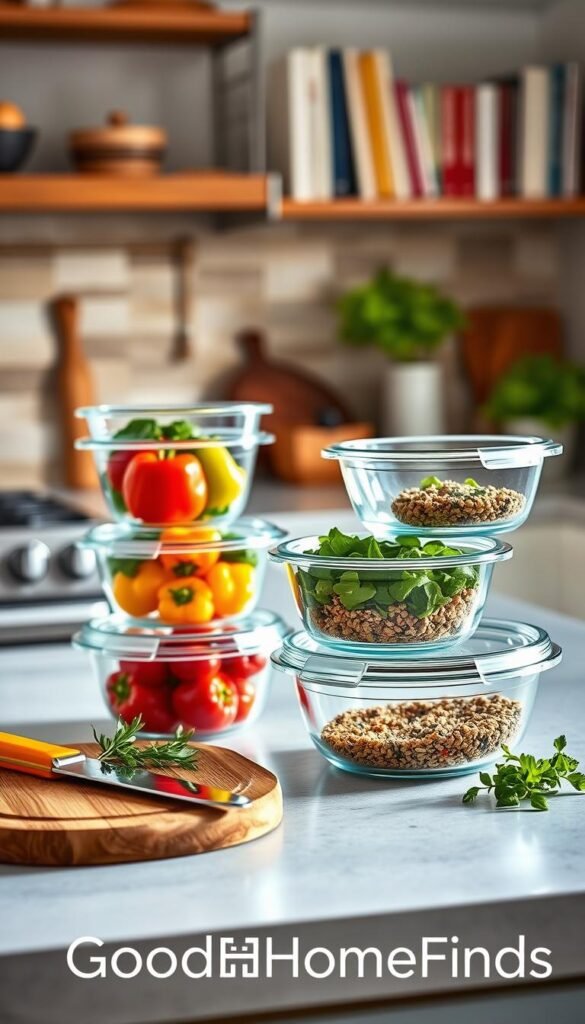 A beautifully arranged kitchen scene featuring Pyrex 4-cup glass food storage containers, neatly stacked with vibrant, fresh ingredients like colorful bell peppers, leafy greens, and grains inside. In the foreground, a wooden cutting board holds a bright knife and fresh herbs, creating an inviting atmosphere. The middle ground showcases the containers placed on a sleek kitchen countertop with a rustic backsplash, accented by warm, natural lighting that highlights the glass's clarity and the food inside. In the background, soft-focus kitchen shelves display cookbooks and additional kitchenware, enhancing the cozy ambiance. The overall mood is organized and vibrant, reflecting a modern, Pinterest-style lifestyle. GoodHomeFinds brand is subtly implied through the high-quality presentation.