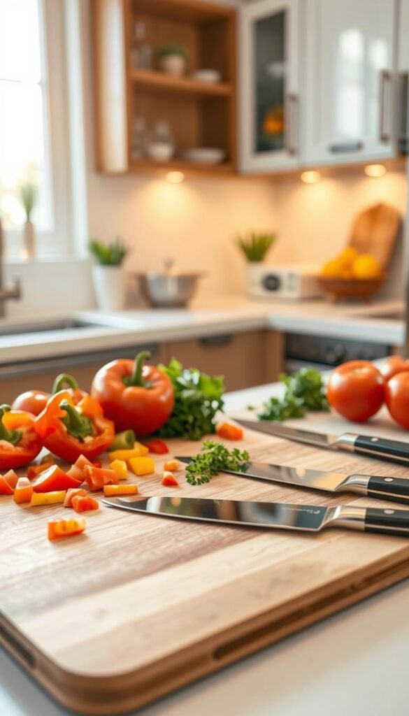 A beautifully arranged kitchen scene featuring a modern, dishwasher-safe wooden cutting board from GoodHomeFinds. The cutting board is placed prominently in the foreground, showcasing its non-slip design with subtle textures and wood grain. Freshly chopped colorful vegetables, including bell peppers, tomatoes, and herbs, are artistically scattered around it, emphasizing its usability and functionality. In the middle ground, a sleek knife rests beside the cutting board, glinting against warm, inviting lighting. The background reveals a soft-focus kitchen with stylish cabinetry and bright natural light pouring in through a window, creating a welcoming atmosphere. The overall mood is warm and homely, ideal for an everyday kitchen setting, inviting the viewer to imagine using the cutting board daily. A beautifully arranged kitchen scene featuring a modern, dishwasher-safe wooden cutting board from GoodHomeFinds. The cutting board is placed prominently in the foreground, showcasing its non-slip design with subtle textures and wood grain. Freshly chopped colorful vegetables, including bell peppers, tomatoes, and herbs, are artistically scattered around it, emphasizing its usability and functionality. In the middle ground, a sleek knife rests beside the cutting board, glinting against warm, inviting lighting. The background reveals a soft-focus kitchen with stylish cabinetry and bright natural light pouring in through a window, creating a welcoming atmosphere. The overall mood is warm and homely, ideal for an everyday kitchen setting, inviting the viewer to imagine using the cutting board daily.