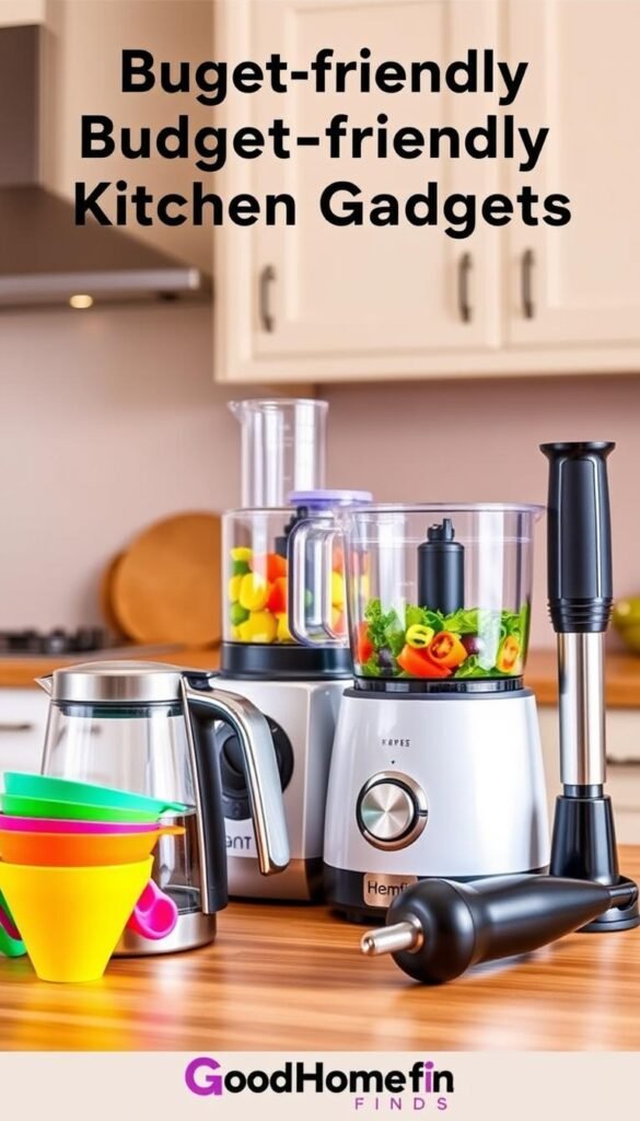 A beautifully arranged kitchen scene featuring an assortment of budget-friendly kitchen gadgets from "GoodHomeFinds." In the foreground, a sleek, modern electric kettle with a glass body sits next to a colorful set of measuring cups. The middle ground showcases a compact food processor with vibrant vegetables ready for chopping, alongside an efficient handheld blender. Soft, warm overhead lighting creates an inviting atmosphere, highlighting the gadgets' clean, functional designs. The background features a stylish wooden countertop and pastel-colored cabinetry, adding a cozy homey vibe. The image is shot from a slightly elevated angle, capturing the effective use of space and the practicality of these time-saving gadgets, evoking a sense of innovation and efficiency perfect for weeknight cooking.