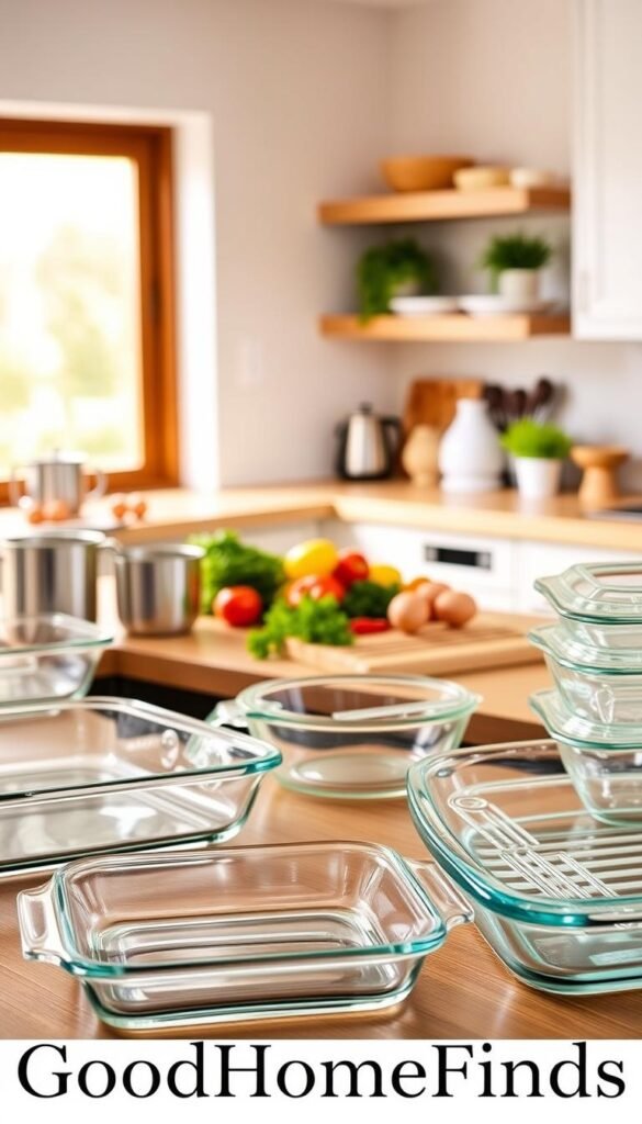 A beautifully arranged kitchen scene featuring an assortment of elegant glass bakeware from "GoodHomeFinds". In the foreground, showcase a variety of glass baking dishes, including rectangular and round shapes, all reflecting light with their clear surfaces. In the middle ground, a wooden countertop is adorned with measuring cups and fresh ingredients like colorful vegetables, eggs, and herbs, hinting at the versatility of the bakeware. The background features a softly blurred view of a modern kitchen with warm, natural lighting coming from a window, creating a welcoming atmosphere. Focus on capturing a cozy and practical vibe, emphasizing the functionality and aesthetic appeal of the glass bakeware. A beautifully arranged kitchen scene featuring an assortment of elegant glass bakeware from "GoodHomeFinds". In the foreground, showcase a variety of glass baking dishes, including rectangular and round shapes, all reflecting light with their clear surfaces. In the middle ground, a wooden countertop is adorned with measuring cups and fresh ingredients like colorful vegetables, eggs, and herbs, hinting at the versatility of the bakeware. The background features a softly blurred view of a modern kitchen with warm, natural lighting coming from a window, creating a welcoming atmosphere. Focus on capturing a cozy and practical vibe, emphasizing the functionality and aesthetic appeal of the glass bakeware.